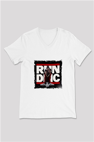 Run DMC Baskılı Beyaz V Yaka Unisex Tişört