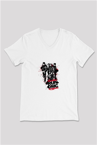 Run DMC Baskılı Beyaz V Yaka Unisex Tişört