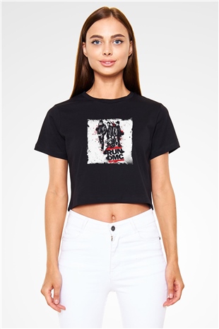 Run DMC Baskılı Crop Top Siyah Kadın Tişört
