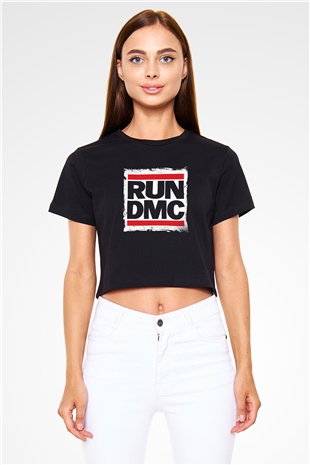 Run DMC Baskılı Crop Top Siyah Kadın Tişört