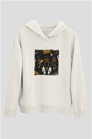 Run DMC Baskılı Unisex Beyaz Kapüşonlu Sweatshirt