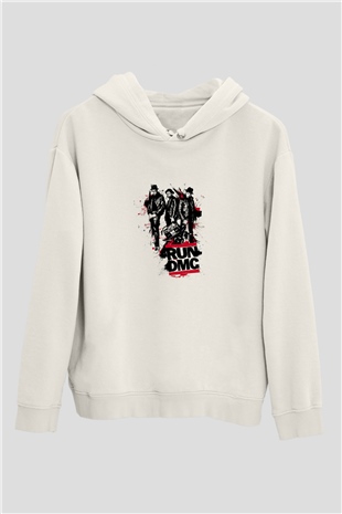 Run DMC Baskılı Unisex Beyaz Kapüşonlu Sweatshirt