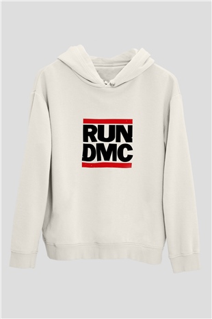 Run DMC Baskılı Unisex Beyaz Kapüşonlu Sweatshirt