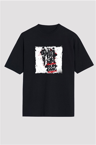 Run DMC Baskılı Unisex Oversize Siyah Tişört