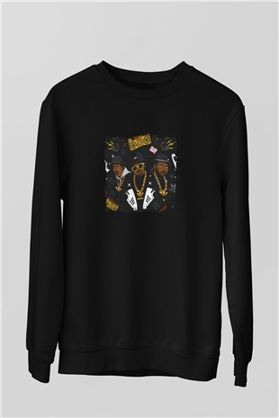 Run DMC Baskılı Unisex Siyah Sweatshirt