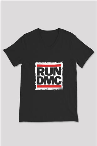 Run DMC Baskılı Unisex Siyah V Yaka Tişört
