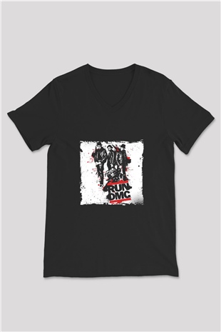 Run DMC Baskılı Unisex Siyah V Yaka Tişört