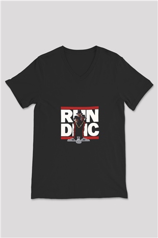 Run DMC Baskılı Unisex Siyah V Yaka Tişört