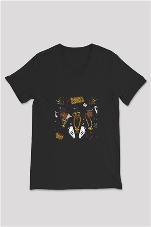 Run DMC Baskılı Unisex Siyah V Yaka Tişört