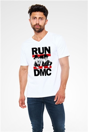 Run DMC Beyaz Unisex V Yaka Tişört T-Shirt