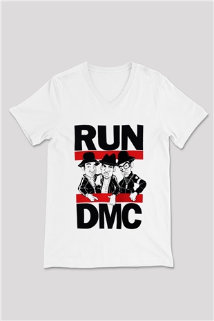 Run DMC Beyaz Unisex V Yaka Tişört T-Shirt