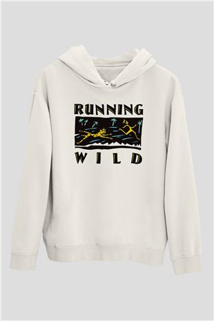 Running Wild Baskılı Beyaz Unisex Kapüşonlu Sweatshirt
