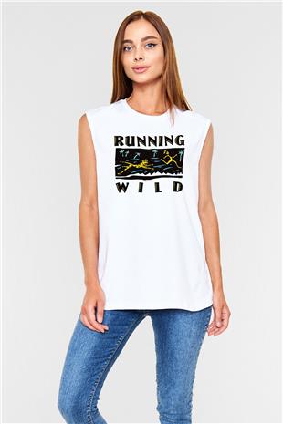 Running Wild Baskılı Beyaz Unisex Kolsuz Tişört - Tshirt