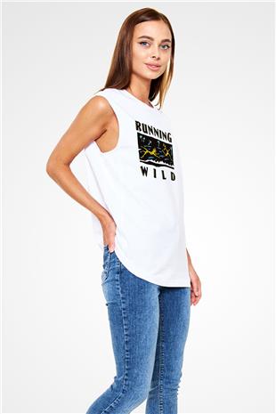 Running Wild Baskılı Beyaz Unisex Kolsuz Tişört - Tshirt