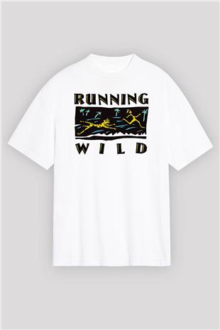 Running Wild Baskılı Beyaz Unisex Oversize Tişört - Tshirt