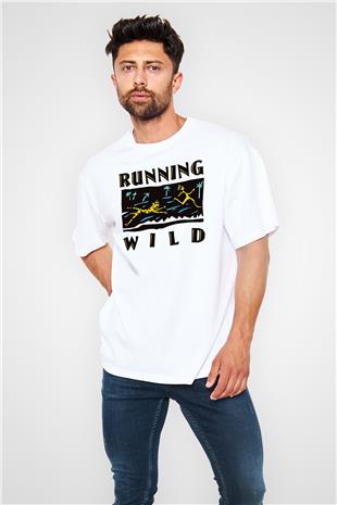 Running Wild Baskılı Beyaz Unisex Oversize Tişört - Tshirt