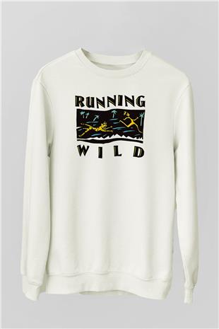 Running Wild Baskılı Beyaz Unisex Sweatshirt