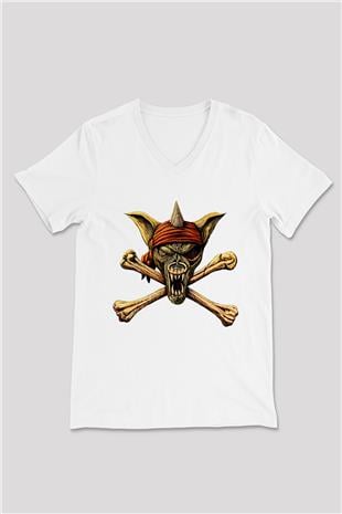 Running Wild Baskılı Beyaz Unisex V Yaka Tişört - Tshirt