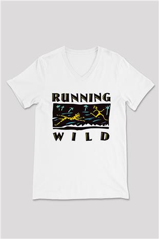 Running Wild Baskılı Beyaz Unisex V Yaka Tişört - Tshirt