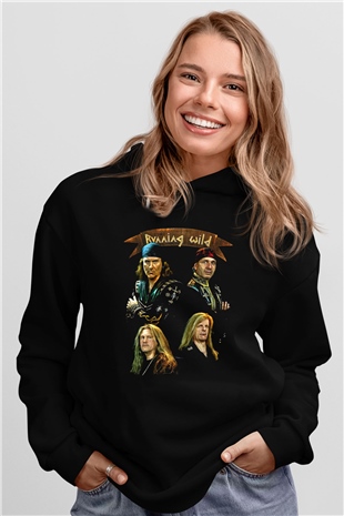Running Wild Baskılı Unisex Siyah Kapüşonlu Sweatshirt