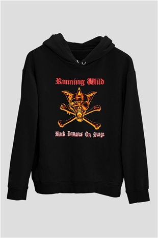Running Wild Baskılı Unisex Siyah Kapüşonlu Sweatshirt