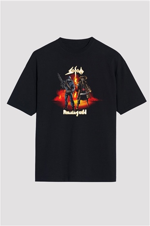 Running Wild Baskılı Unisex Siyah Oversize Tişört - Tshirt