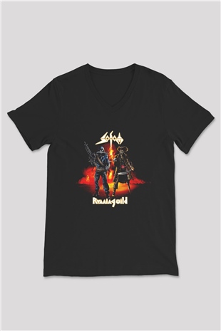 Running Wild Baskılı Unisex Siyah V Yaka Tişört - Tshirt