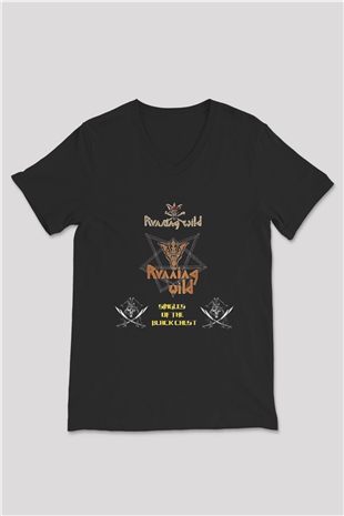 Running Wild Baskılı Unisex Siyah V Yaka Tişört - Tshirt