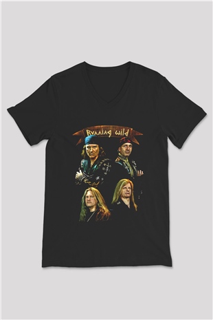 Running Wild Baskılı Unisex Siyah V Yaka Tişört - Tshirt