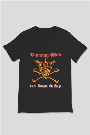 Running Wild Baskılı Unisex Siyah V Yaka Tişört - Tshirt