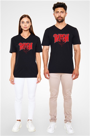 Rush Siyah Unisex V Yaka Tişört T-Shirt