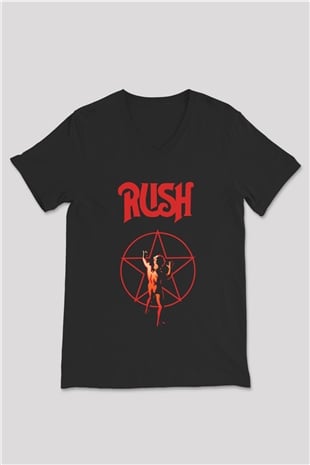 Rush Siyah Unisex V Yaka Tişört T-Shirt