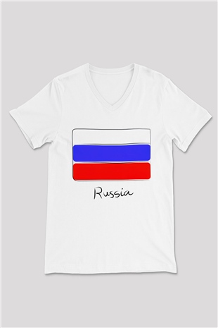 Rusya Beyaz Unisex V Yaka Tişört T-Shirt