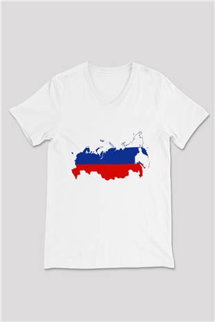 Rusya Beyaz Unisex V Yaka Tişört T-Shirt