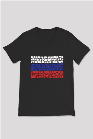 Rusya Siyah Unisex V Yaka Tişört T-Shirt