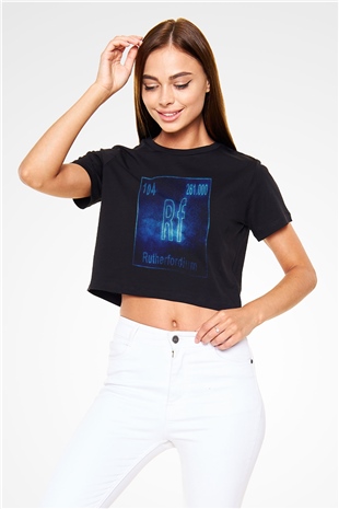 Rutherfordyum Atom Numarası Baskılı Siyah Kadın Crop Top Tişört