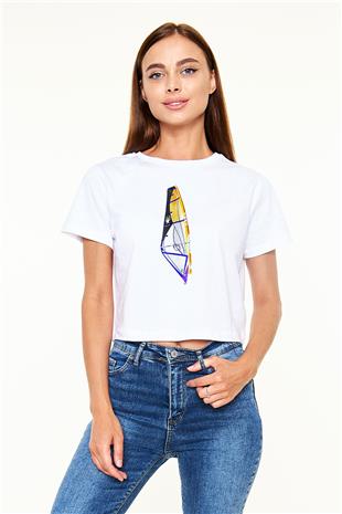 Rüzgar Sörfü Baskılı Crop Top Beyaz Tişört - T-shirt