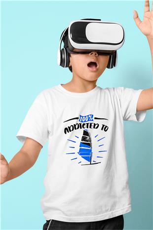 Rüzgar Sörfü Baskılı Unisex Beyaz Çocuk Tişört - Tshirt