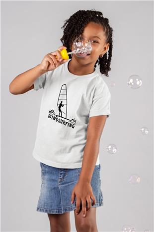 Rüzgar Sörfü Baskılı Unisex Beyaz Çocuk Tişört - Tshirt