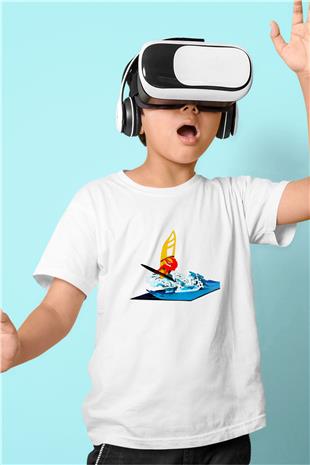 Rüzgar Sörfü Baskılı Unisex Beyaz Çocuk Tişört - Tshirt