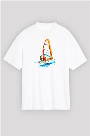 Rüzgar Sörfü Baskılı Unisex Beyaz Oversize Tişört - Tshirt