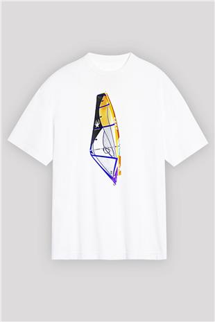 Rüzgar Sörfü Baskılı Unisex Beyaz Oversize Tişört - Tshirt