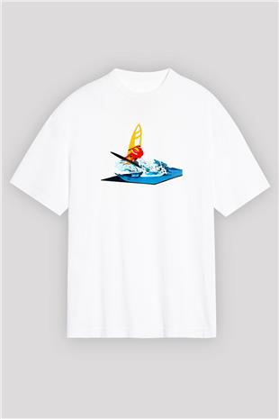 Rüzgar Sörfü Baskılı Unisex Beyaz Oversize Tişört - Tshirt