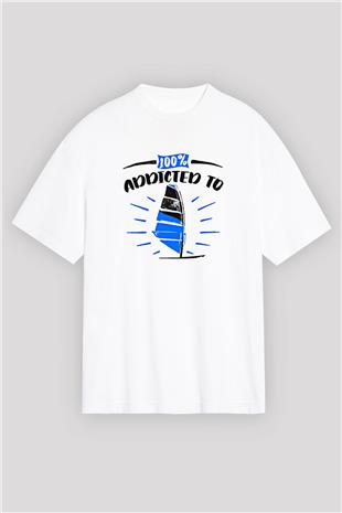Rüzgar Sörfü Baskılı Unisex Beyaz Oversize Tişört - Tshirt