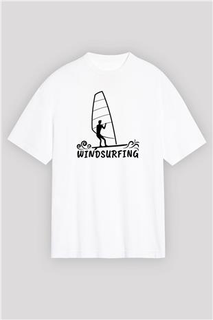 Rüzgar Sörfü Baskılı Unisex Beyaz Oversize Tişört - Tshirt