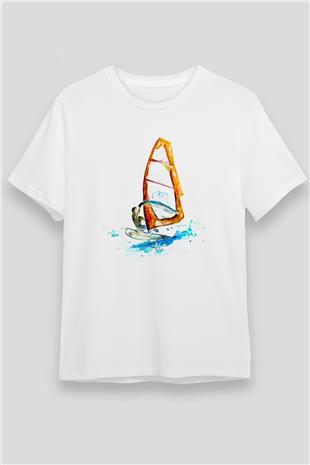 Rüzgar Sörfü Baskılı Unisex Beyaz Tişört - Tshirt