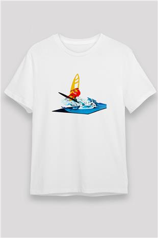Rüzgar Sörfü Baskılı Unisex Beyaz Tişört - Tshirt