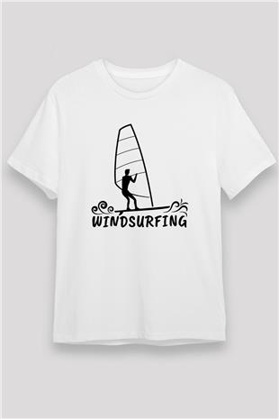 Rüzgar Sörfü Baskılı Unisex Beyaz Tişört - Tshirt