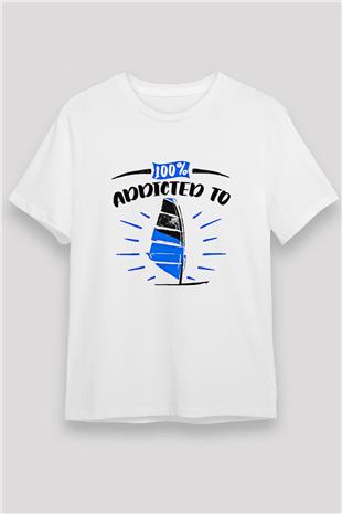 Rüzgar Sörfü Baskılı Unisex Beyaz Tişört - Tshirt
