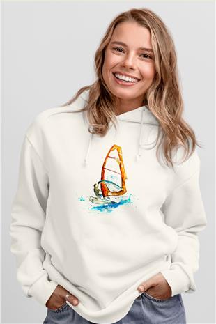 Rüzgar Sörfü Baskılı Unisex Ekru Hoodie